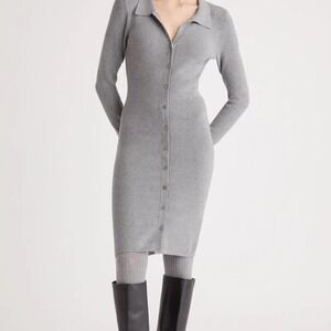Quince Ribbed Eco Knit Sweater Dress in Heather Grey Button Front Collared